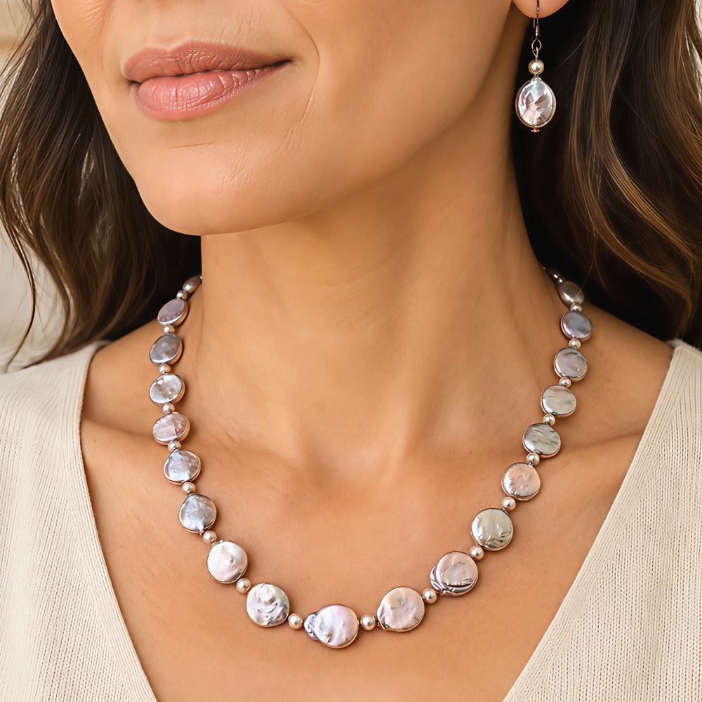 Handmade Freshwater Coin Pearl Necklace Earring Set Mauve Lavender Baroque 17 in